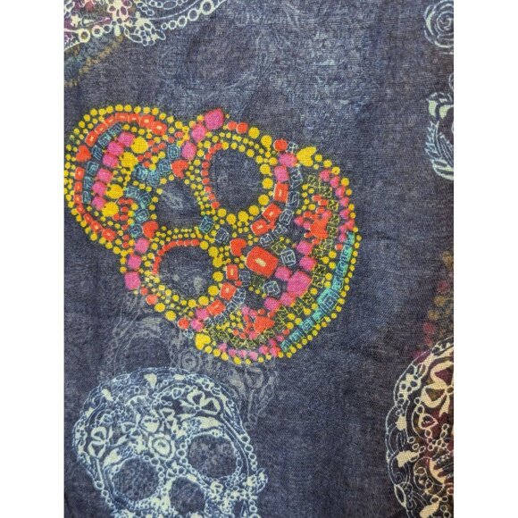 Dio De Los Muertos Sugar Skull Scarf Wrap Pashmina - 39"x70" Blue - Picture 2 of 4